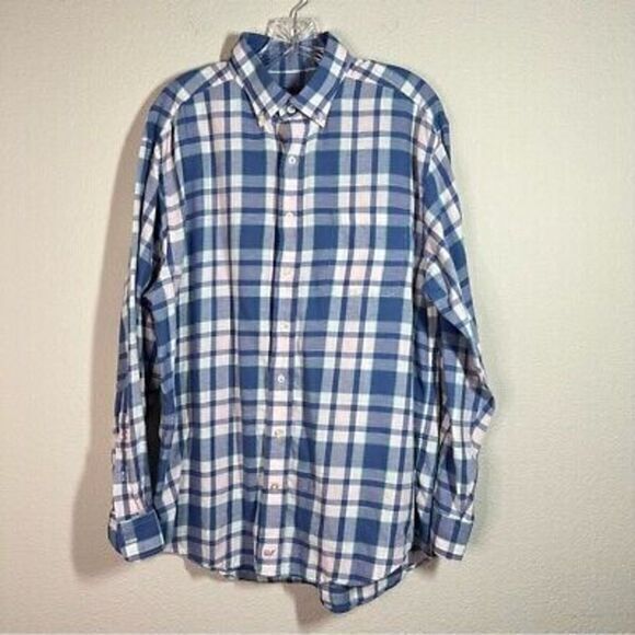 Vineyard Vines Blue Plaid Button‎ Down Shirt Long Sleeve Cotton Linen L - Picture 1 of 7